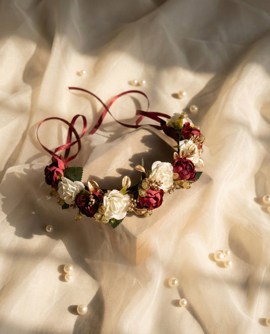 Elegant Red and Ivory Floral Tiara Crown for Wedding, Maternity & Baby Photoshoot – JacHKriz Studio