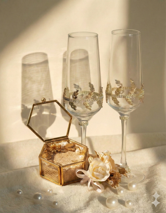 Luxury Gold & Pearl Bridal Champagne Glasses – JacHKriz Studio Wedding Accessories for Catholic & Muslim Brides