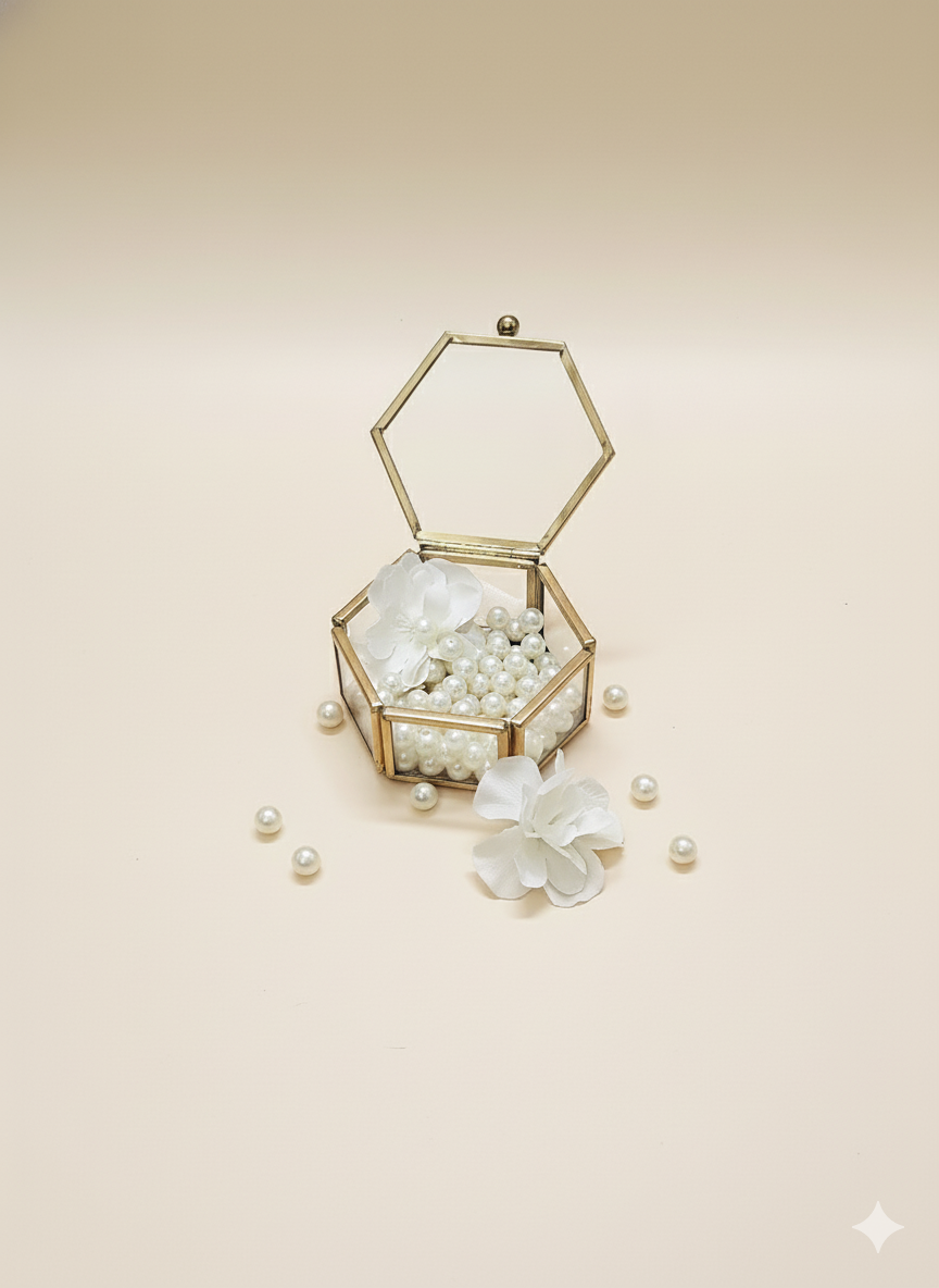JacHKriz Studio Glass and brass ring holder with elegant pearl for luxury proposal and wedding ring display 